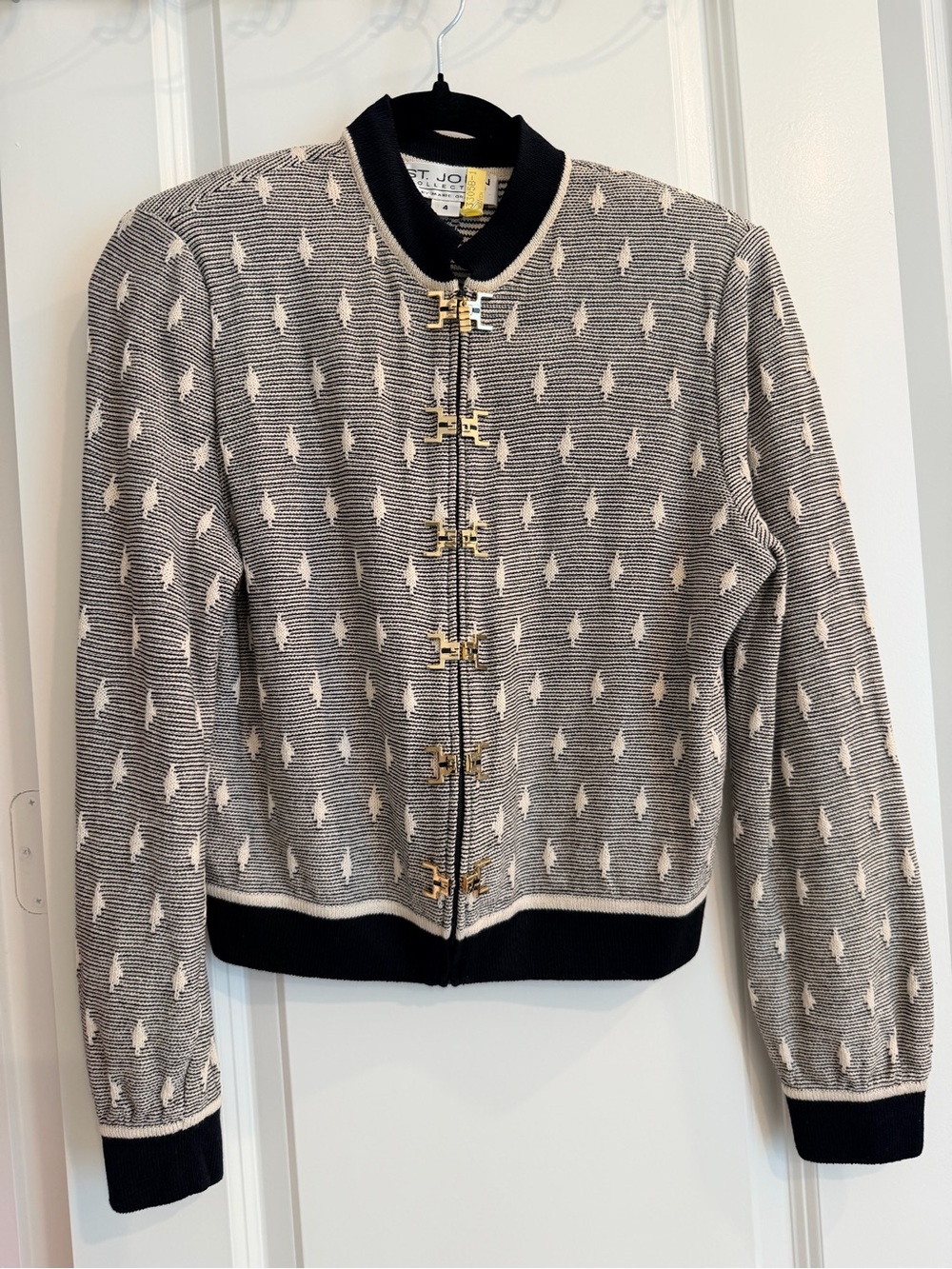 St. John Collection Black and Cream Knit Bomber with Gold Hardware